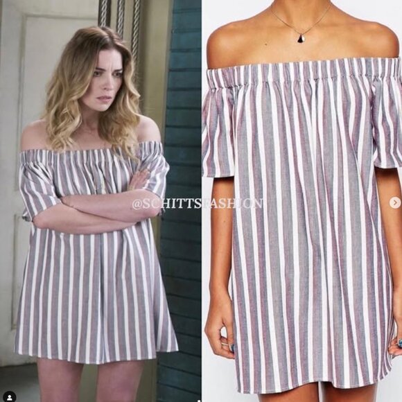 ASO Alexis Rose Schitts Creek Vertical Striped Off the Shoulder Zara Dress - Picture 1 of 1
